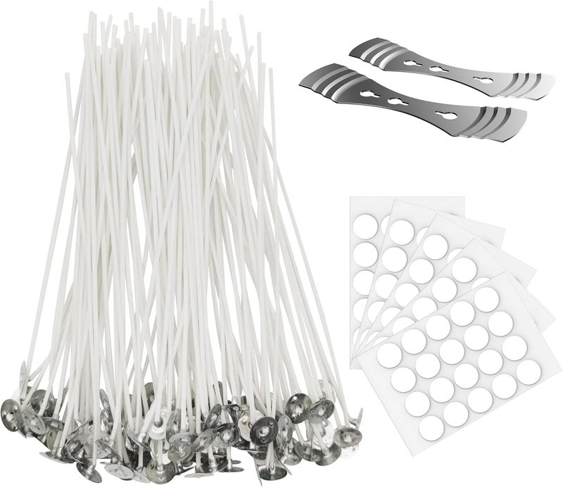 Ohcans 100 Pcs Cotton Candle Wick 8'',Wicks Coated with Paraffin Wax, 100PCS Candle Wick Stickers and 2PCS Metal Candle Wick Holders for Candle Making, Suit for Soy Beeswax Candle Making DIY - Image 1